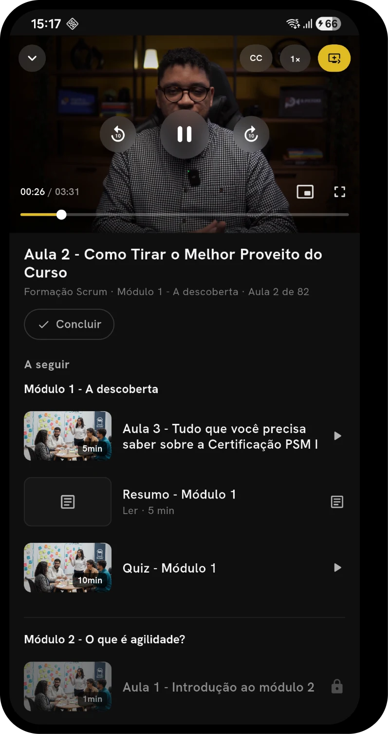Aula em vídeo no aplicativo, com legenda, velocidade e tela cheia