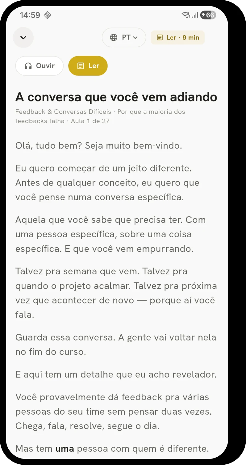 A mesma aula em texto no aplicativo, em tela clara de leitura